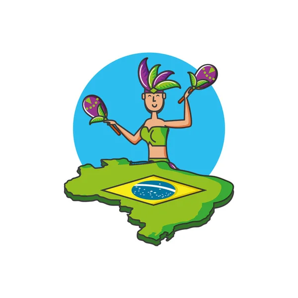 Mujer bailarina brasileña con el mapa de Brasil — Vector de stock