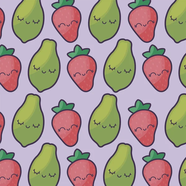 Patrón de papayas con fresas carácter kawaii — Vector de stock