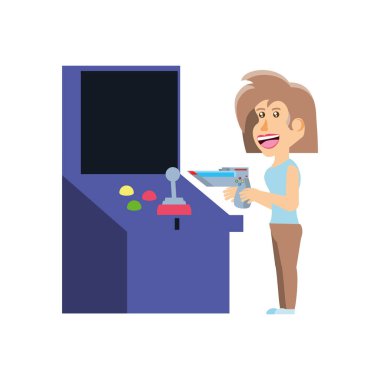 Kız Retro konsol video oyun makinesi oynarken