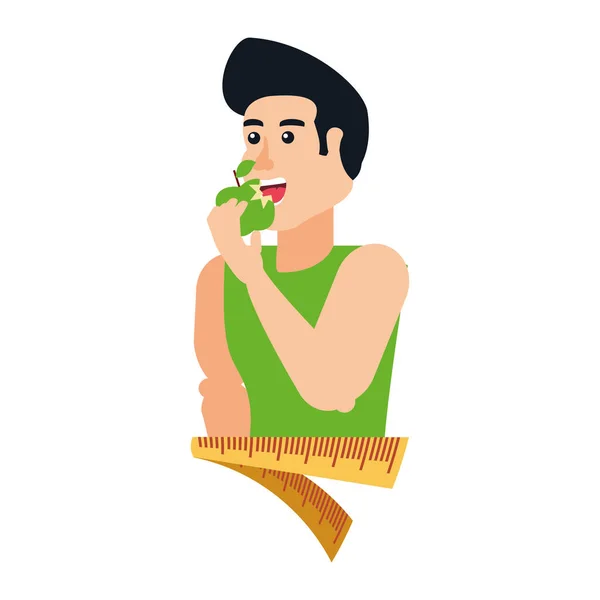 तरुण अॅथलेटिक माणूस मोजण्याच्या टेपसह सफरचंद खाणे — स्टॉक व्हेक्टर