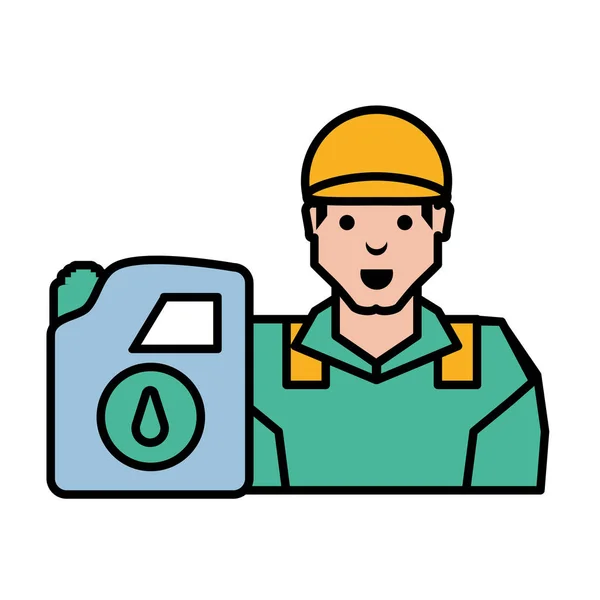 Worker character with gallon of gasoline — Stock Vector