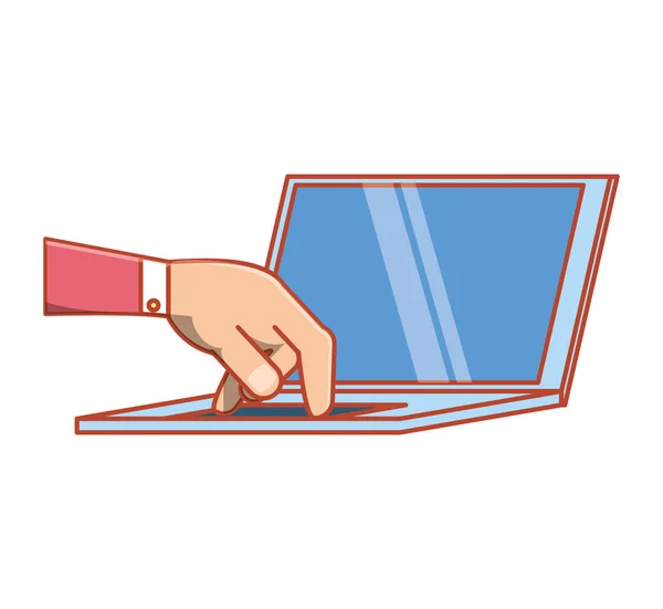 Mão com computador portátil ícone isolado — Vetor de Stock