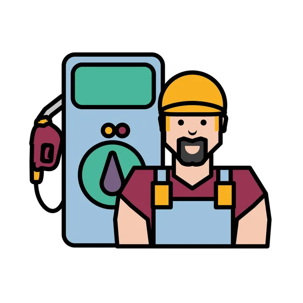 Worker character with dispenser service station — Stock Vector
