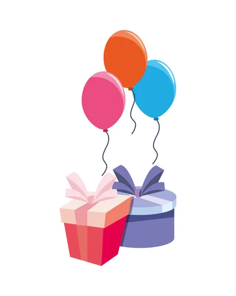 Caja de regalo de cumpleaños globos y cinta — Vector de stock
