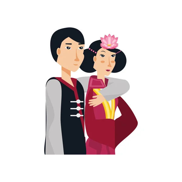 Chinese couple hugging avatar character — Stock Vector