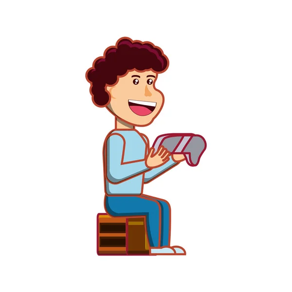 Garçon assis avec le personnage de contrôle du jeu — Image vectorielle