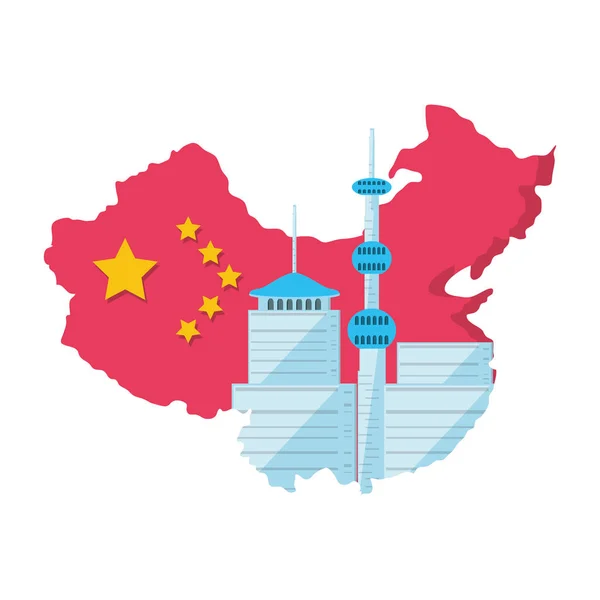 Carte Chine avec bâtiment icône isolée — Image vectorielle