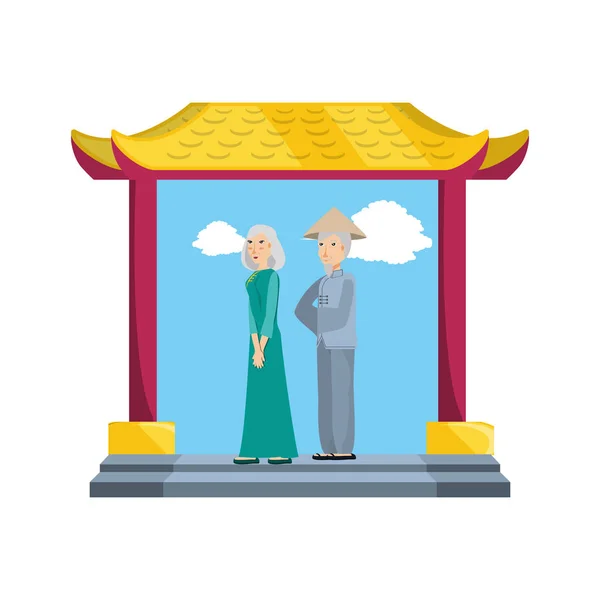 Chinese portal with old couple isolated icon — Stock Vector