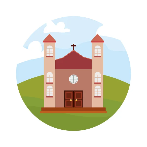 Iglesia edificio religión en el campo — Vector de stock