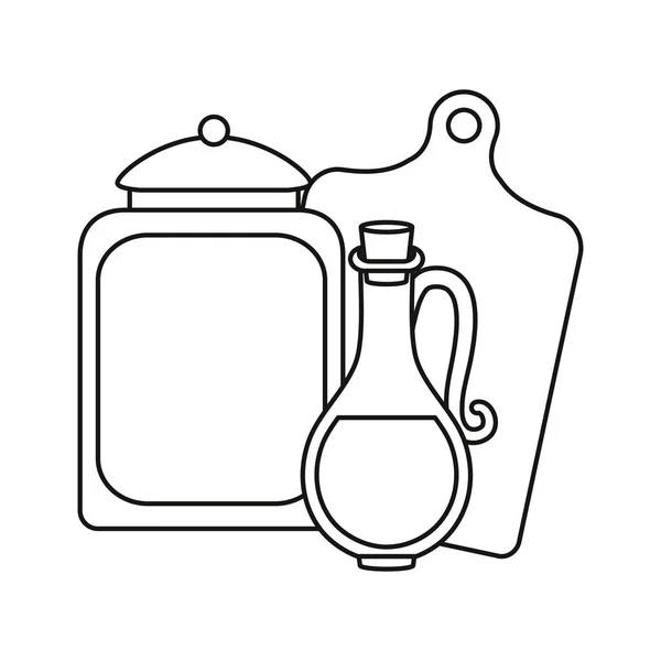 Aceite de oliva botella tabla de cortar y frasco de vidrio — Vector de stock
