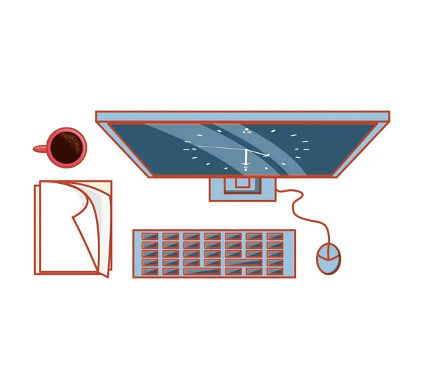 Vista aerea del computer con documenti e tazza di caffè — Vettoriale Stock