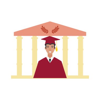 Genç adam bina üniversite ile mezun