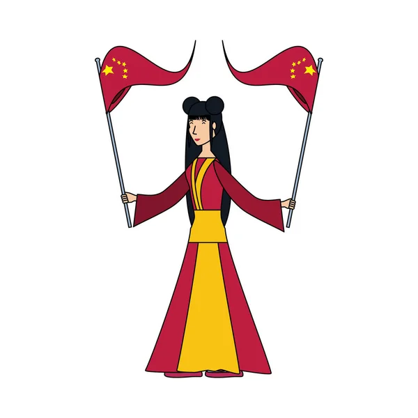 Geisha wanita dengan bendera cina - Stok Vektor