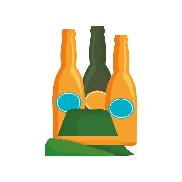 Oktoberfest три бутылки пива и шляпа — стоковый вектор