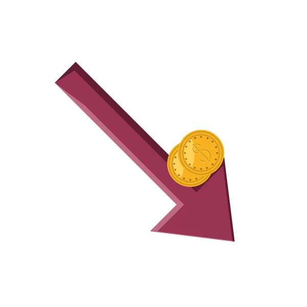 Munten dollar met pijl-omlaag geïsoleerde pictogram — Stockvector