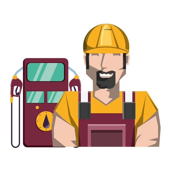 Worker character with dispenser service station — Stock Vector