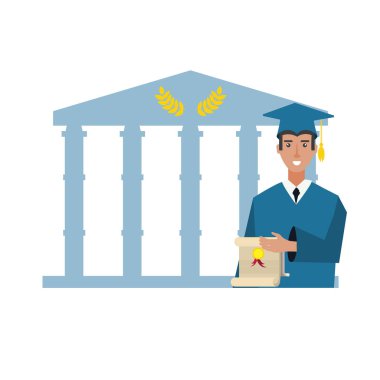 Genç adam bina üniversite ile mezun