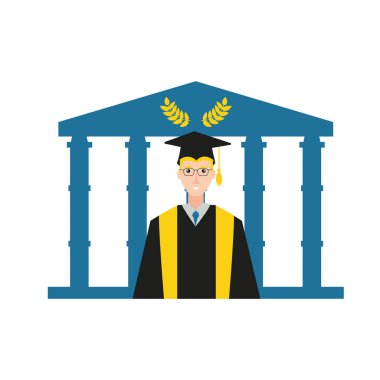 Genç adam bina üniversite ile mezun