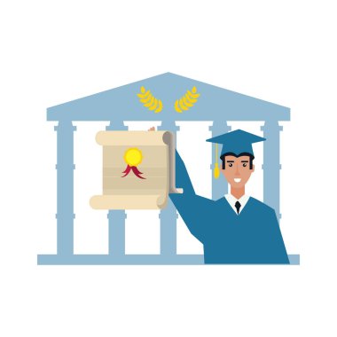 Genç adam bina üniversite ile mezun