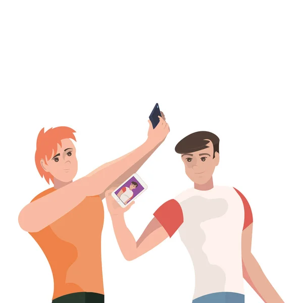 Two young men with mobile taking photo — Stock Vector