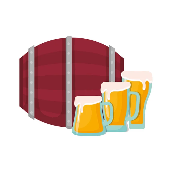 Barril de cerveja e copos espuma bebida fria — Vetor de Stock