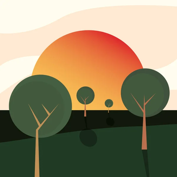 Round trees sun sky natural landscape — Stock Vector