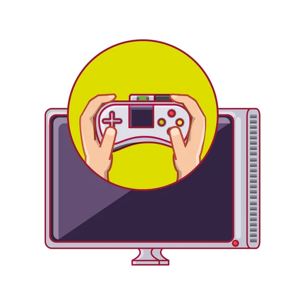 Mains avec jeu vidéo de contrôle et tv — Image vectorielle