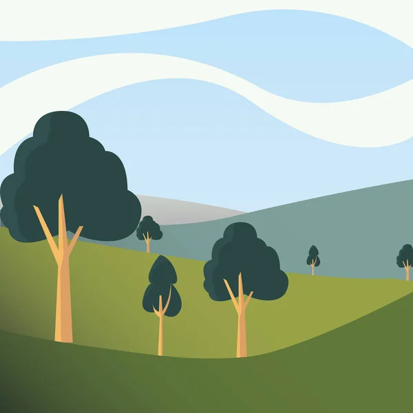 Δέντρα λόφους ημέρα ουρανός φυσικό τοπίο — Διανυσματικό Αρχείο