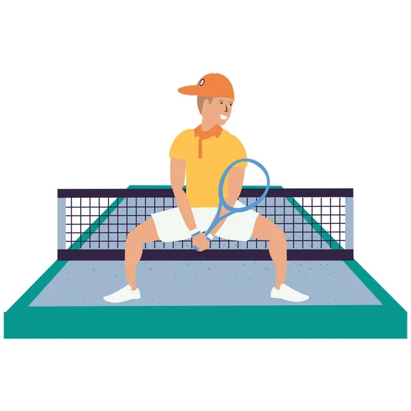 Mann spielt Tennis auf Sportplatz — Stockvektor