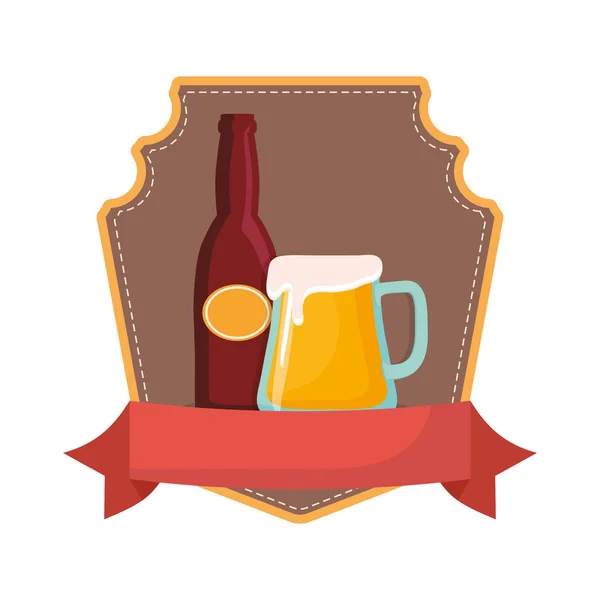 Oktoberfest fles bier en glas embleem — Stockvector