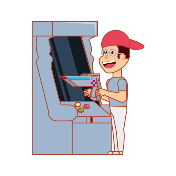 Menino jogando em retro console máquina de videogame —  Vetores de Stock