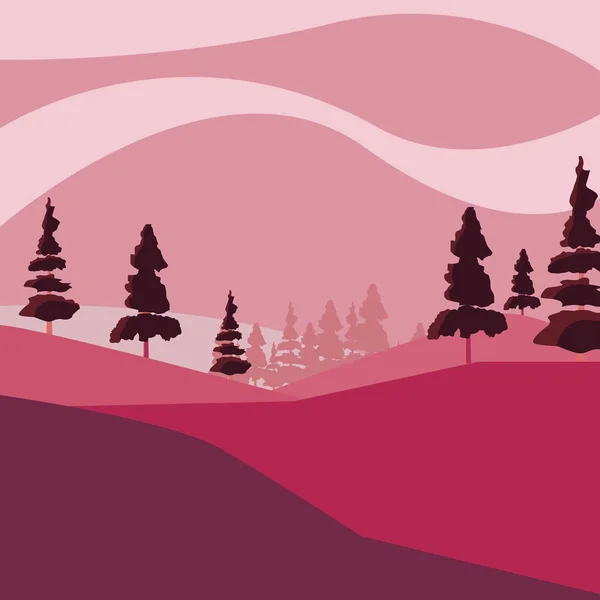 ピンクの丘と木森林自然景観 — ストックベクタ