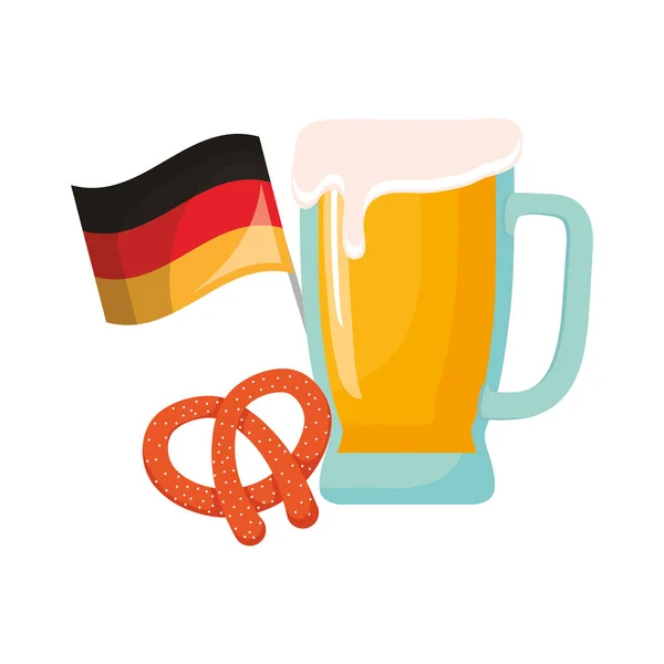 Oktoberfest bière verre allemagne drapeau et bretzel — Image vectorielle