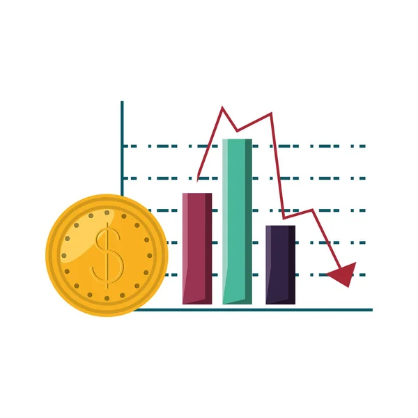 Gráficos estatísticos em barras com seta para baixo e moeda — Vetor de Stock