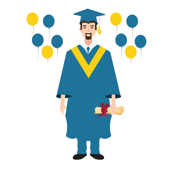 Jeune homme diplômé avec des ballons air — Image vectorielle