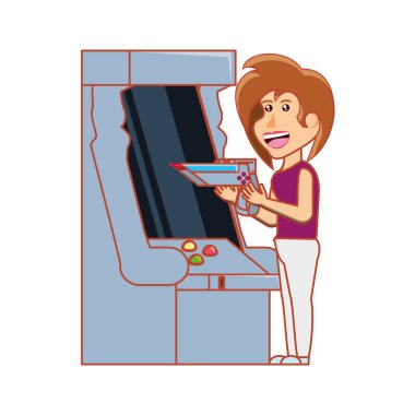 Kız Retro konsol video oyun makinesi oynarken