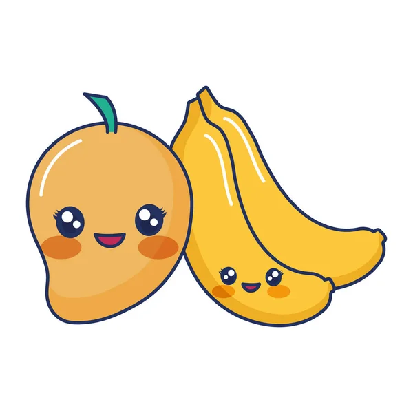 Kawaii cartone animato mango e banane frutta — Vettoriale Stock