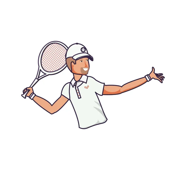 Hombre tenis jugar con raqueta y gorra deporte — Vector de stock