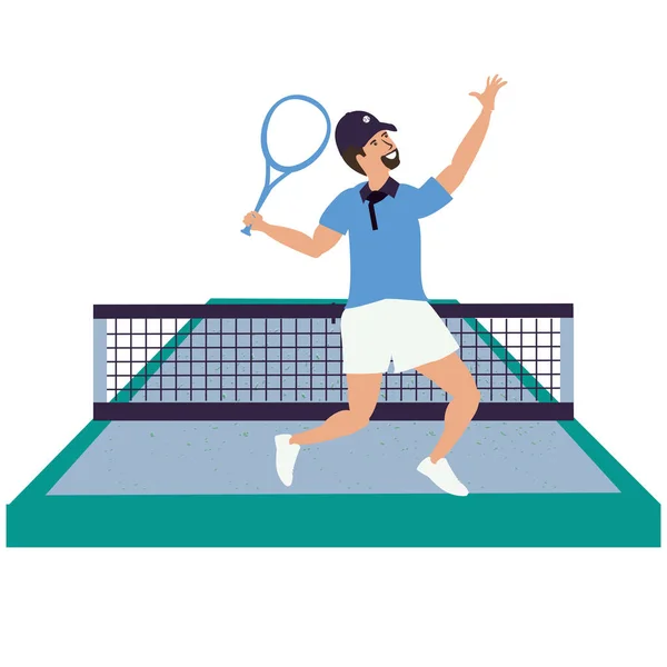 Homme jouant au tennis sur le terrain de sport — Image vectorielle