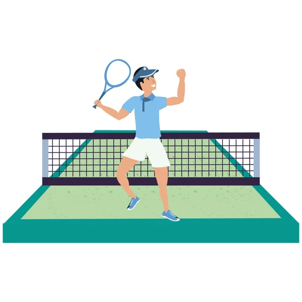 Mann spielt Tennis auf Sportplatz — Stockvektor