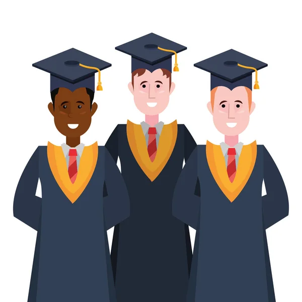 Τρεις απόφοιτους με μανδύα αποφοίτησης. — Διανυσματικό Αρχείο