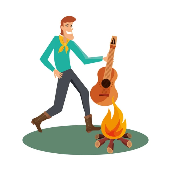 모닥불에서 기타를 들고 있는 남자 만화 — 스톡 벡터