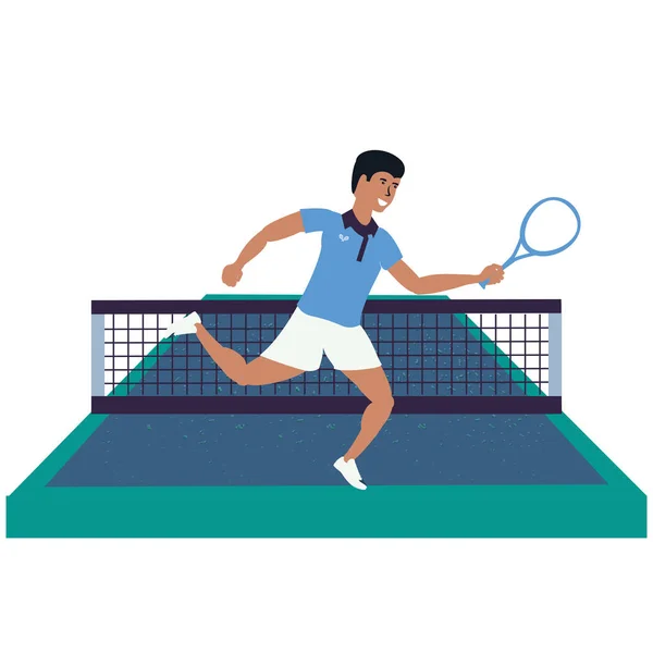 Homem jogando tênis na quadra de esporte — Vetor de Stock