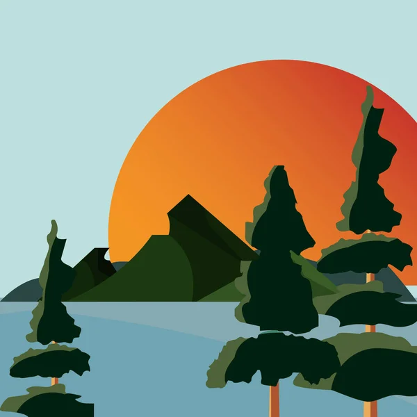 Árvores sol montanha lago paisagem natural — Vetor de Stock