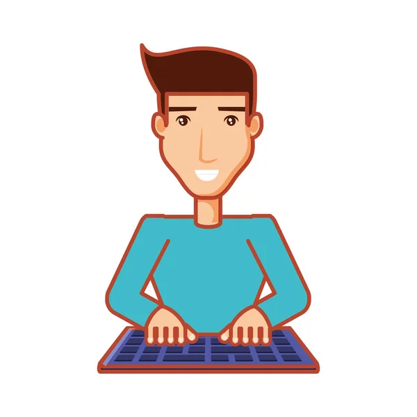 Молодой человек с иконкой на клавиатуре — стоковый вектор