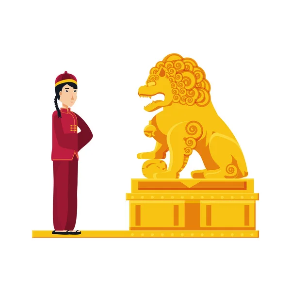 Chinese lion statue in gold with man — Stock Vector