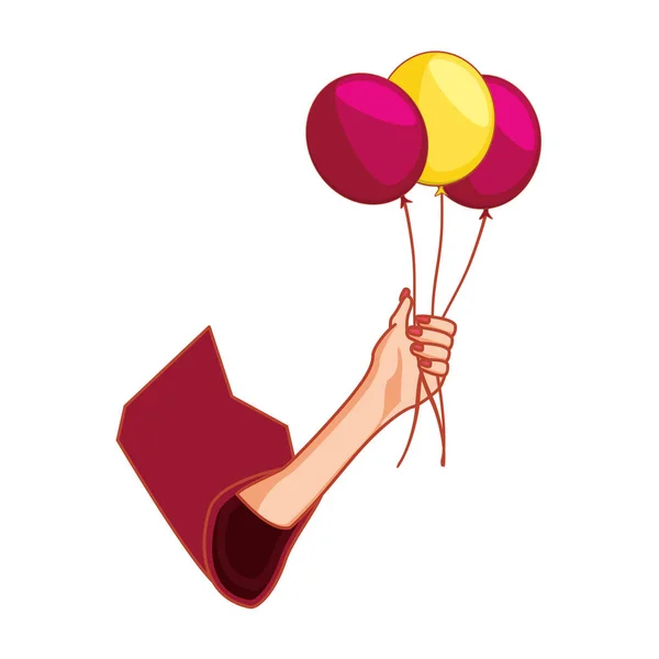 Mano con globos helio aislado icono — Vector de stock