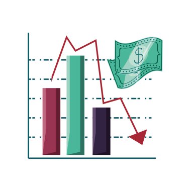 aşağı ok ve banknotlar dolar ile barlar istatistiksel grafikler
