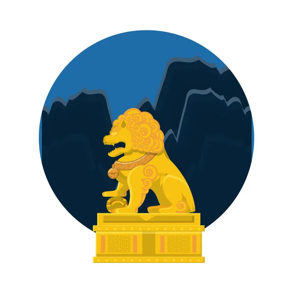 Chinese lion statue in gold with night landscape — Stock Vector