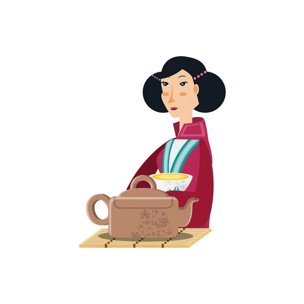 Geisha wanita dengan karakter avatar teko teh - Stok Vektor